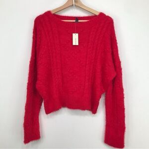 ALYA Francesca’s Red Fuzzy Diamond Pattern Knit Crewneck Sweater NEW